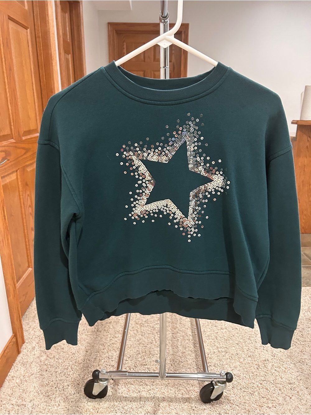 Old Navy Dark Green Crewneck Sweatshirt with Silver Sequin Star